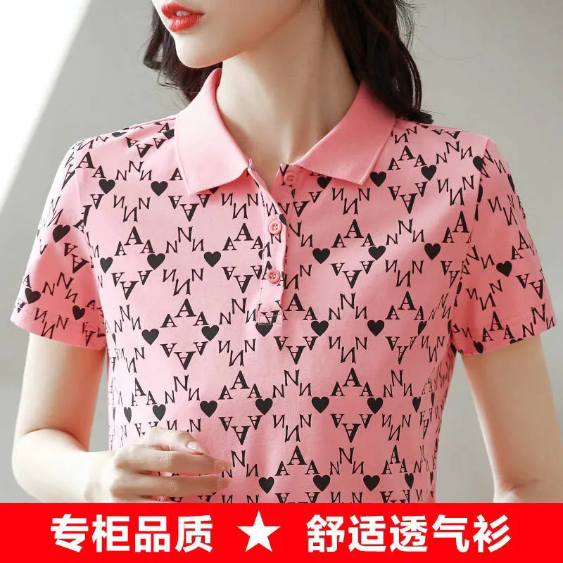 Cotton summer lapel t-shirt women's short-sleeved foreign style new loose large size shirt collar mom dress with collar top tide