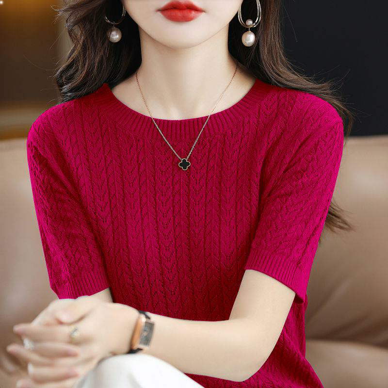 Ice silk short-sleeved t-shirt women's summer thin section new loose hollow inner all-match knitted bottoming shirt women's half-sleeved top