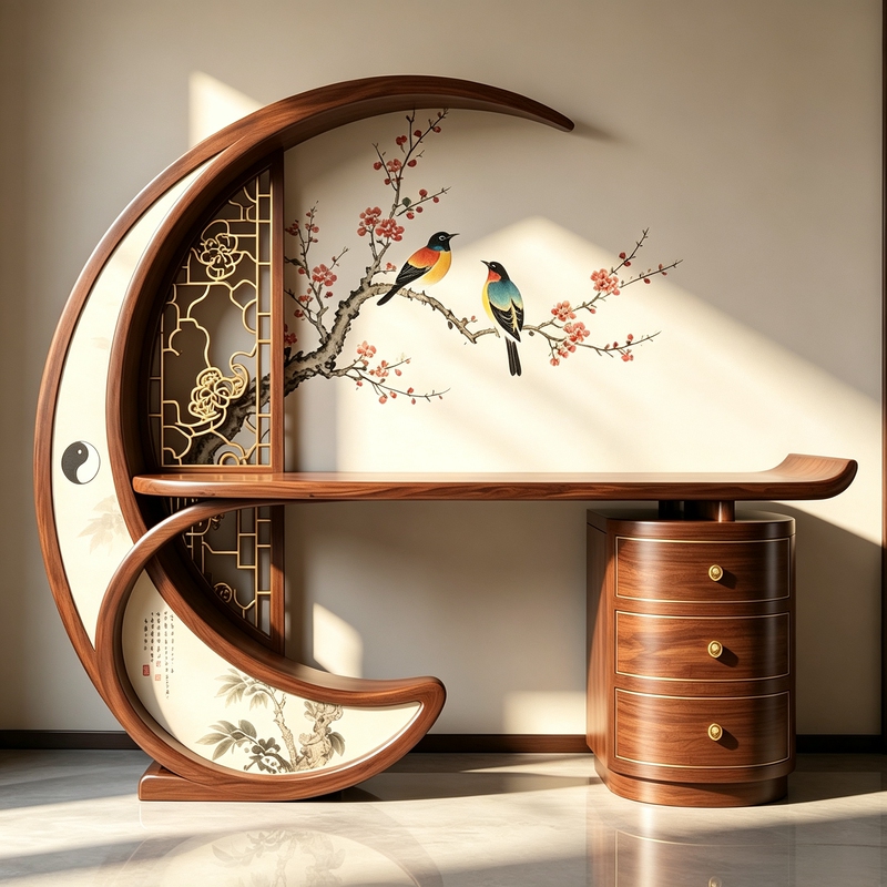 New Chinese-Style Solid Wood Entrance Cabinet, Crescent-Shaped Storage Cabinet with Floral and Bird Painting, Black Walnut Wood Foyer Cabinet, Entryway Partition Cabinet