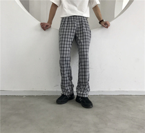 Harajuku style casual straight drumbed pants mens Japanese harbor wind trend sagging lattice pants loose versatile wide leg trousers