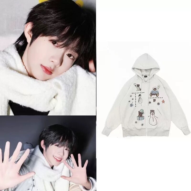 Tf Family Chen Yiheng Same Style Unisex Graffiti Bear Snowman Autumn and Winter Cardigan Hooded Couple Sweatshirt Jacket Trendy