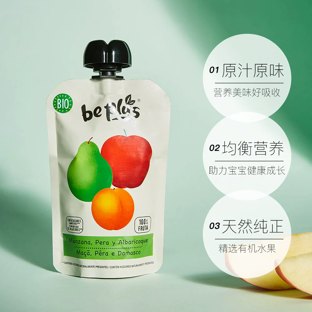Beplus Biyi Испания импорт детское фруктовое пюре добавка яблоко груша абрикос вкус 100 г детское питание