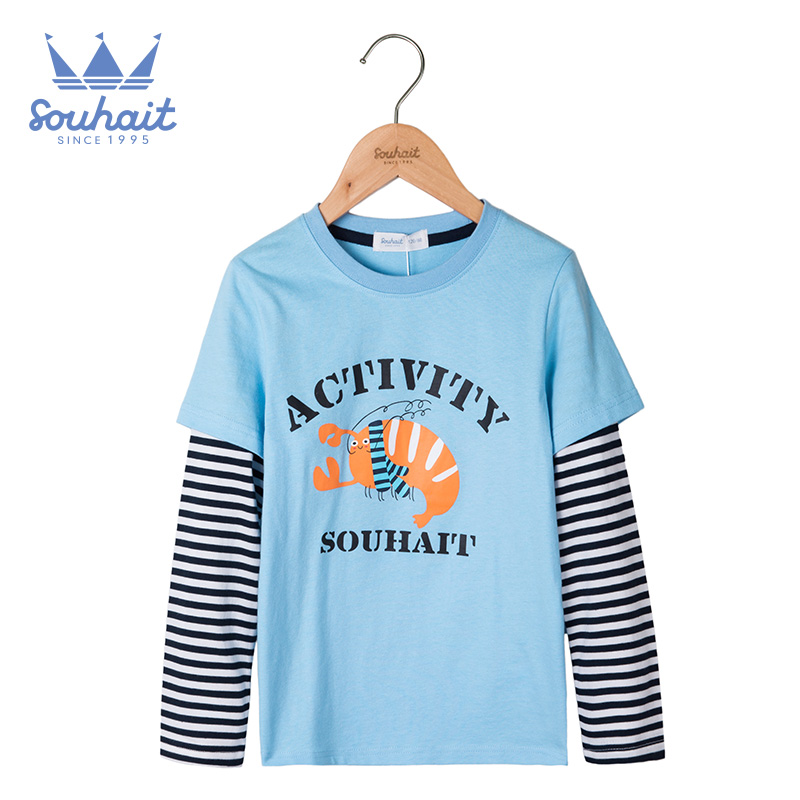 Nước suối Child / Fall 2019 cậu bé lớn và cũ T-shirt boy vòng cổ dành cho trẻ em mới của loose-fitting dài tay T-shirt.