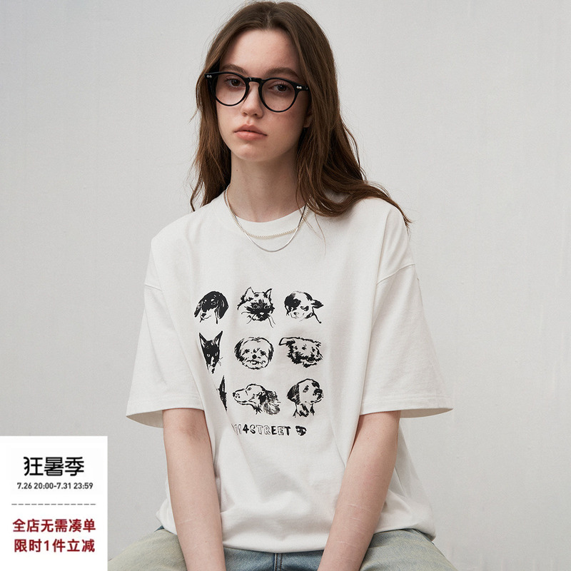 714Street American Retro Cat and Dog Print Loose Short-Sleeved Men's 2025 Summer Trendy Brand Pure Cotton Couple T-Shirt