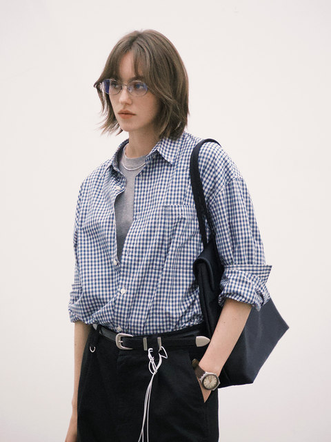 714Street Loose Pure Cotton Couple Long-Sleeved Blue Plaid Shirt for Men and Women 2026 Spring Miu Style Outfit Shirt