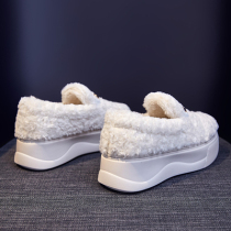 New strong push thick bottom heightening hairy shoes womens winter exterior wearing Korean version 100 hitch warm and suede lamb wool pastry cotton shoes