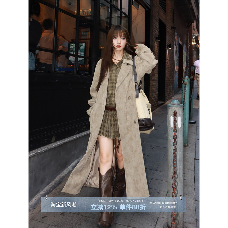Dai Mao Women's Autumn New Vintage Suede Trench Coat with Belted Waist, Elegant Large Lapel Long Coat Dai Mao Women's Autumn New Vintage Suede Trench Coat with Belted Waist, Elegant Large Lapel Long Coat