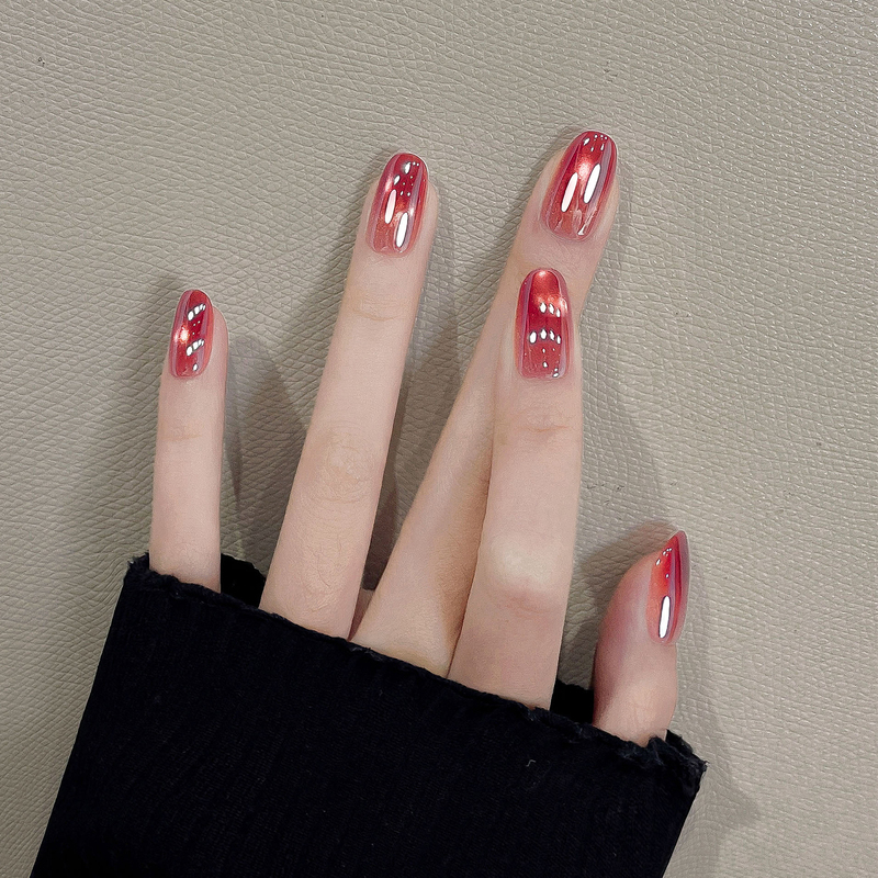Hailey Nail Art Wearable Nails 2026 New High-End Electroplated Red Gradient Cat Eye Nail Stickers Red Flame Glaze