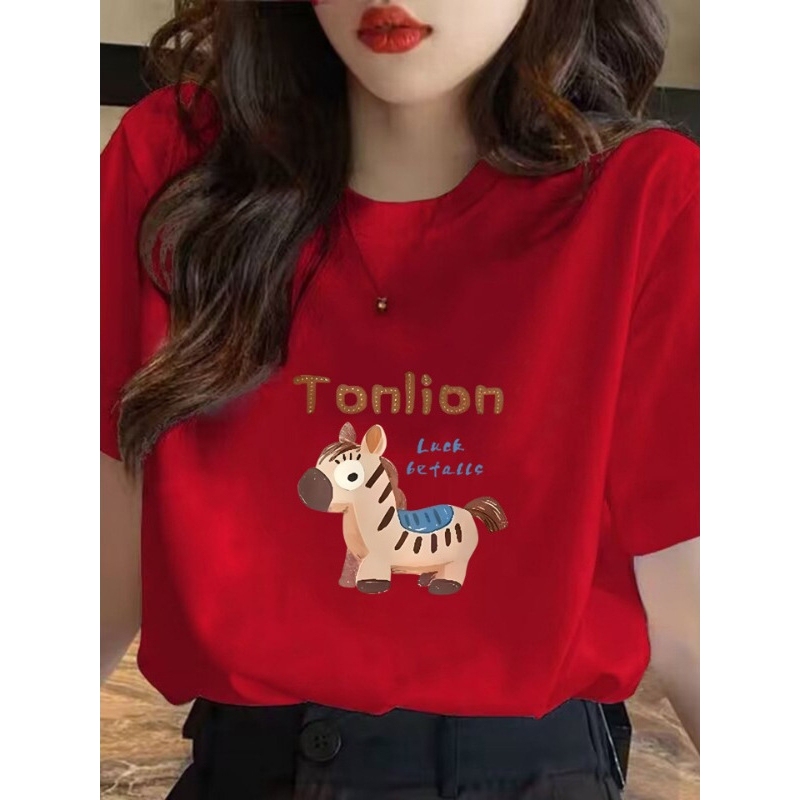 Suitable for Those Who Prefer Hermès X Zhanma Collaboration Red Short-Sleeve T-Shirt for Women, 2026 New Summer Pure Cotton T-Shirt