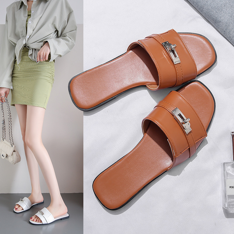 Compatible with Hermès Collaboration Summer New European and American Style Women's Slippers, Solid Color Flat Shoes, Summer 2026