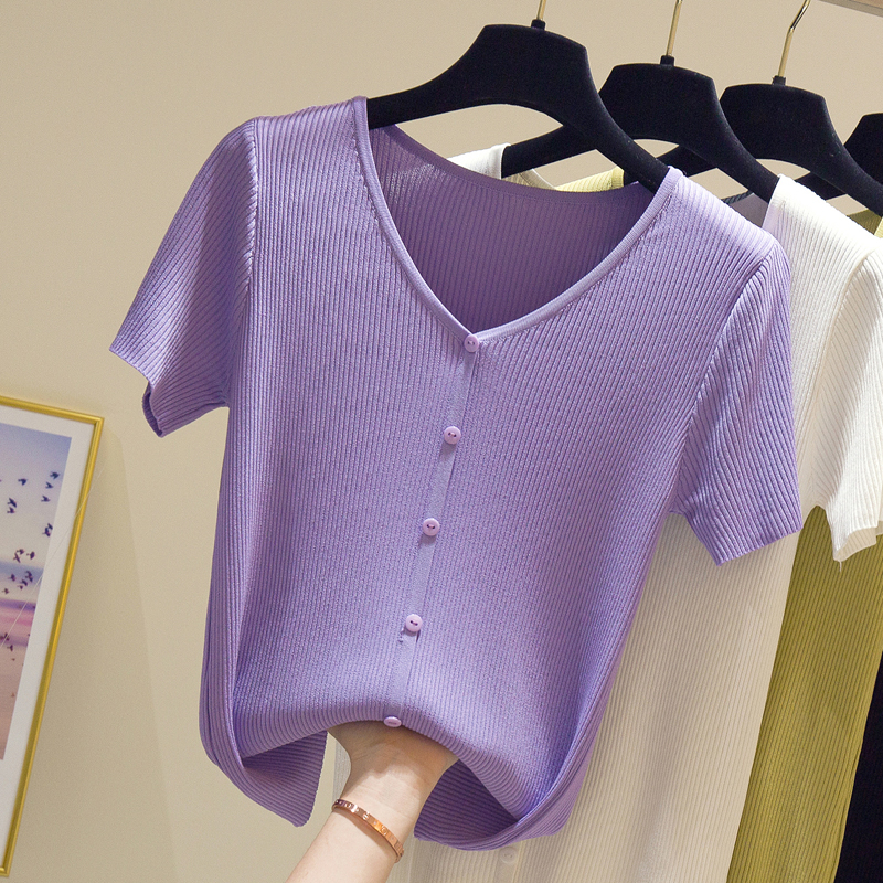 V-neck thin short-sleeved ice silk knitted sweater T-shirt women's 2022 new summer button purple knitted bottoming shirt tide