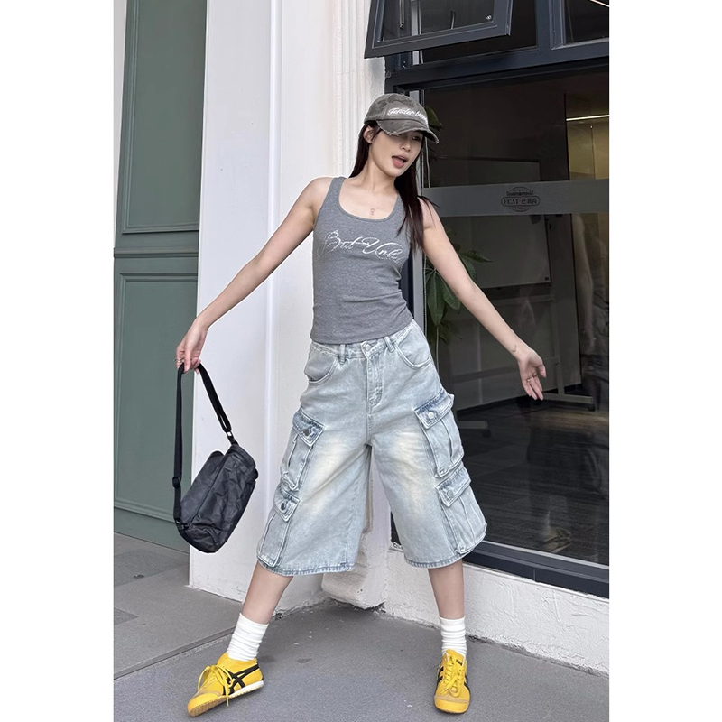 American Retro Washed Vintage Workwear Denim Shorts for Women, Summer Street Style, Multi-Pocket, Loose, Slimming, Cropped Pants, Trendy