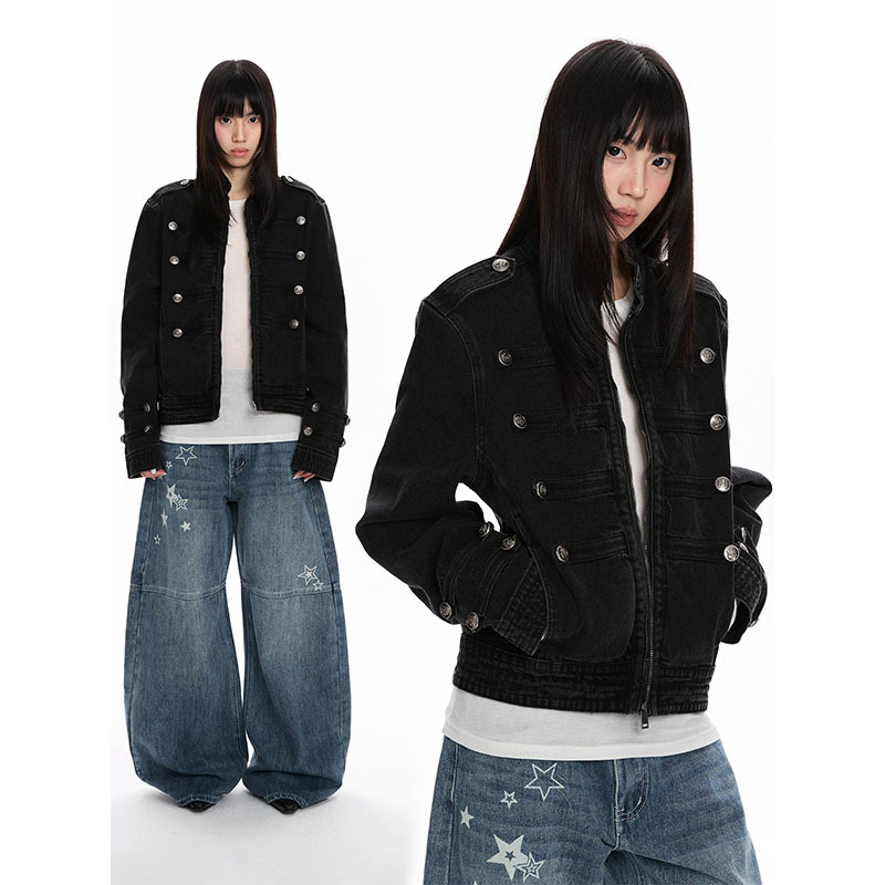 American Street Style Napoleon Court-Style Denim Jacket for Men and Women, Double-Breasted, Vintage Look, High-End Short Workwear Jacket