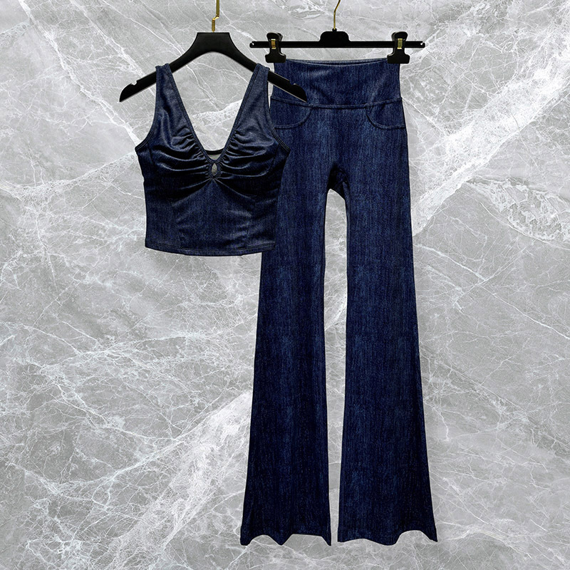 Imitation Denim Yoga Suit for Women, High-End 2026 New Fashion Vest, Sports Fitness Training Bell-Bottom Pants Imitation Denim Yoga Suit for Women, High-End 2026 New Fashion Vest, Sports Fitness Training Bell-Bottom Pants