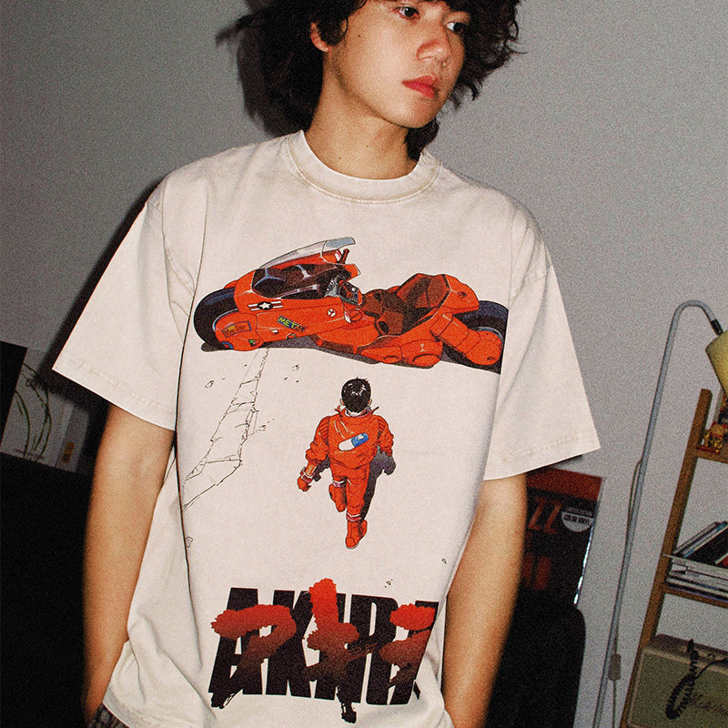 Tee7 - Japanese Akira Akira Washed Vintage T-Shirt, Heavy Pure Cotton, Round Neck, Short Sleeves, Japanese Retro Loose Fit
