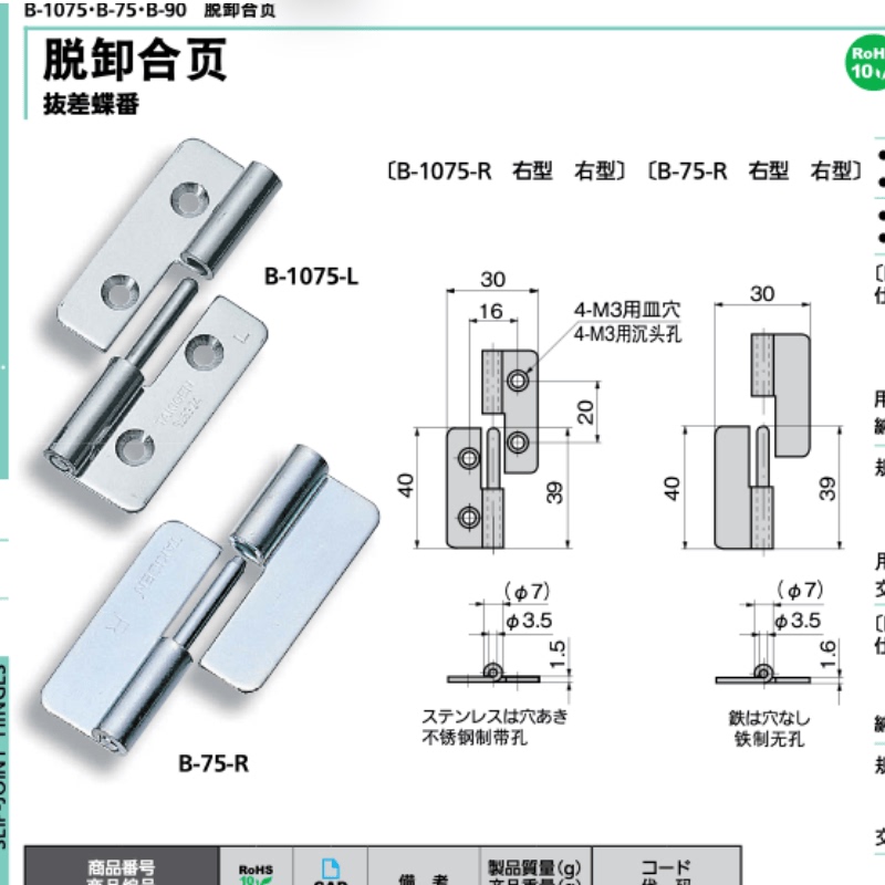 Original Takigen Detachable Hinge Folding Flat Hinge B-1075-L/B-1075-R