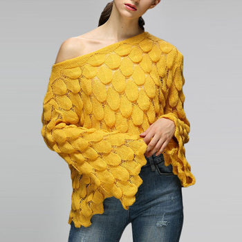 European and american autumn and winter new fashion hollow blouse loose knitted round neck thin bell sleeve pullover sweater women's top