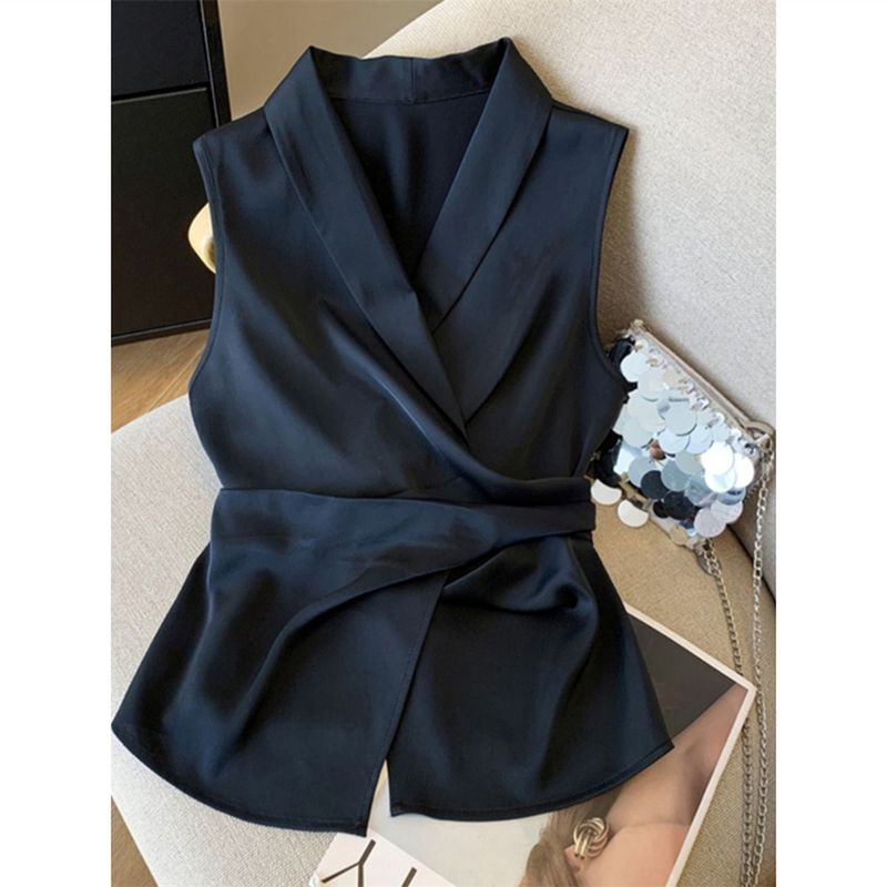 Outlet Shenzhen Nanyou Big Brand Withdrawal French Satin Waist Sleeveless Shirt Women's Design Strappy Vest Outlet Shenzhen Nanyou Big Brand Withdrawal French Satin Waist Sleeveless Shirt Women's Design Strappy Vest