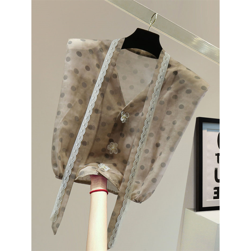 Outlet Brand Store Clearance Polka Dot Sleeveless Shirt Women's High Waist Lace Ribbon Waist V Neck Shirt