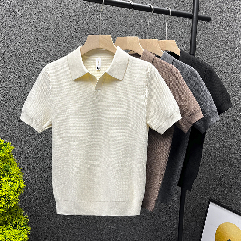 French-Style Designer Makes You Fall in Love at First Sight! Trendy Off-White Slim-Fit Collared Knit Short-Sleeve Polo Shirt for Men