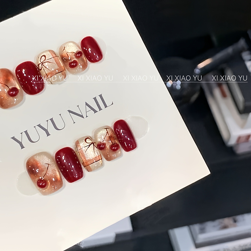 【Slightly Tipsy Cherry】Icy Three-Dimensional Cherry Amber Gradient Hand-Painted Cat Eye Bowknot Purely Handmade Wearable Nail Stickers