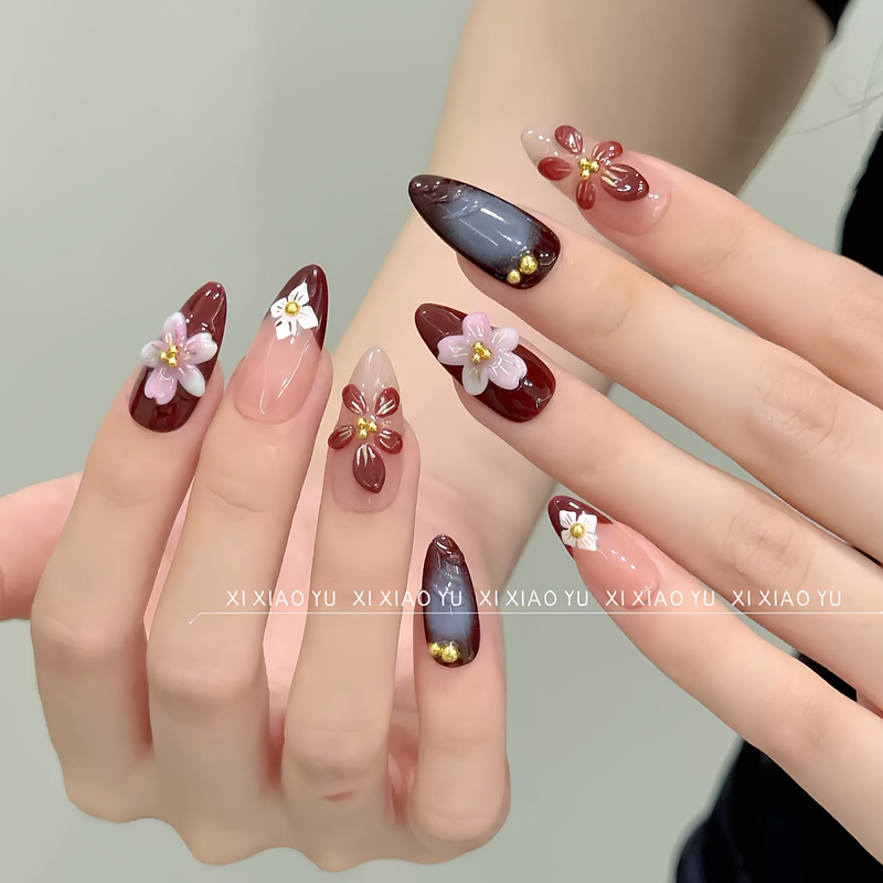 European and American Style Cross-Border Autumn and Winter Carved Almond-Shaped Press-On Nails, Mid-Length, High-End Handmade Nail Art, 2025 New Style Nail Tips
