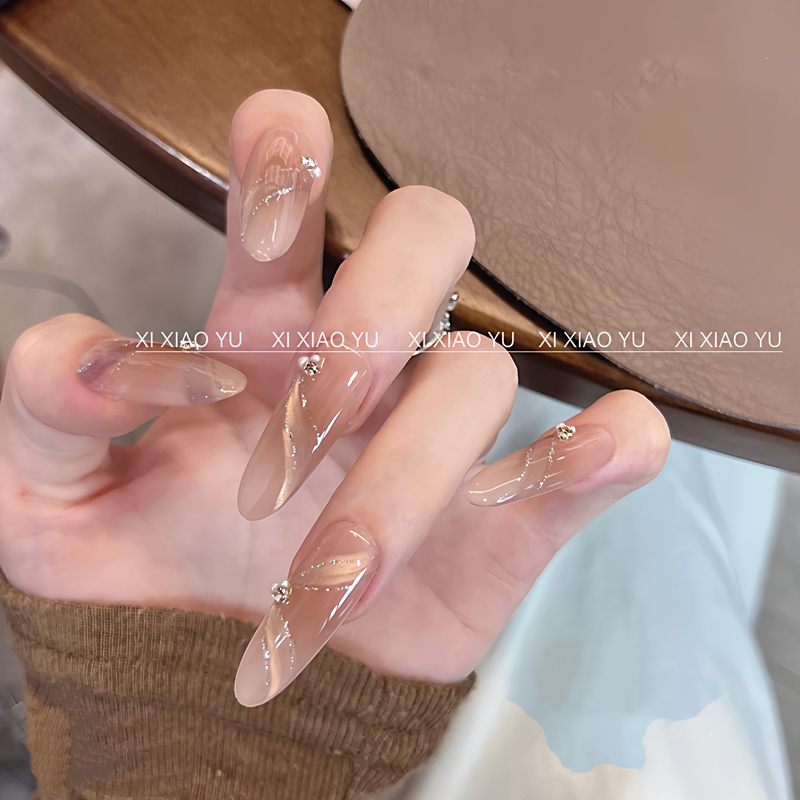 【Tea Brown Ribbon】Autumn and Winter French Style, Complexion-Enhancing, High-End Tea Brown Pearl Cat-Eye Complexion-Enhancing, Handmade Wearable Nails