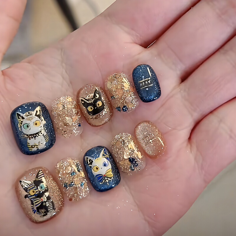 Abyssinian Cat~ Jenny Cat Fairy Cat Eye Glitter Short Nails Wearable Nail Art Exotic Style ins Style