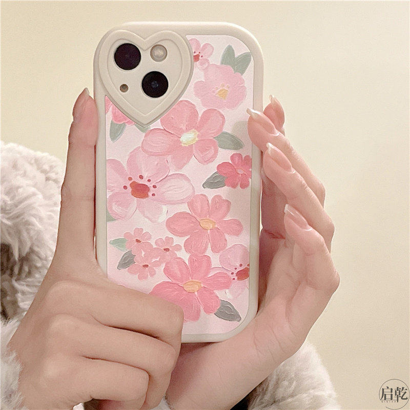 Pink oil painting flowers iphone13 mobile phone protective shell suitable for apple 13promax silicone gel 12 11 protective sheath xr xsmax pink young girl hearts 8plus7