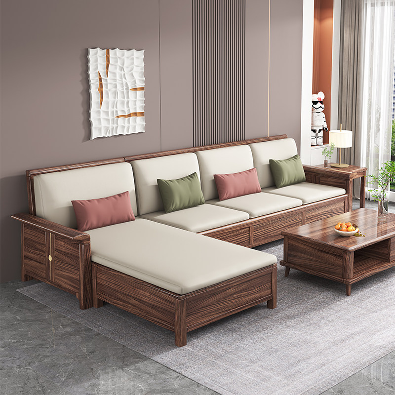 Black gold wood sofa combination solid wood winter and summer dual-use new Chinese style all solid wood modern minimalist living room small apartment sofa