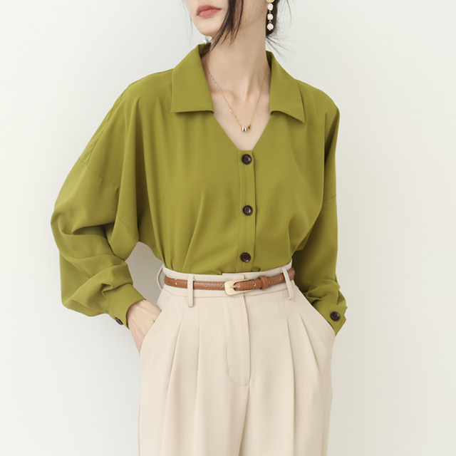 XZ Avocado Green Long Sleeve Chiffon French Small Top Shirt Women's Design Temperament Shirt Spring 2022 New