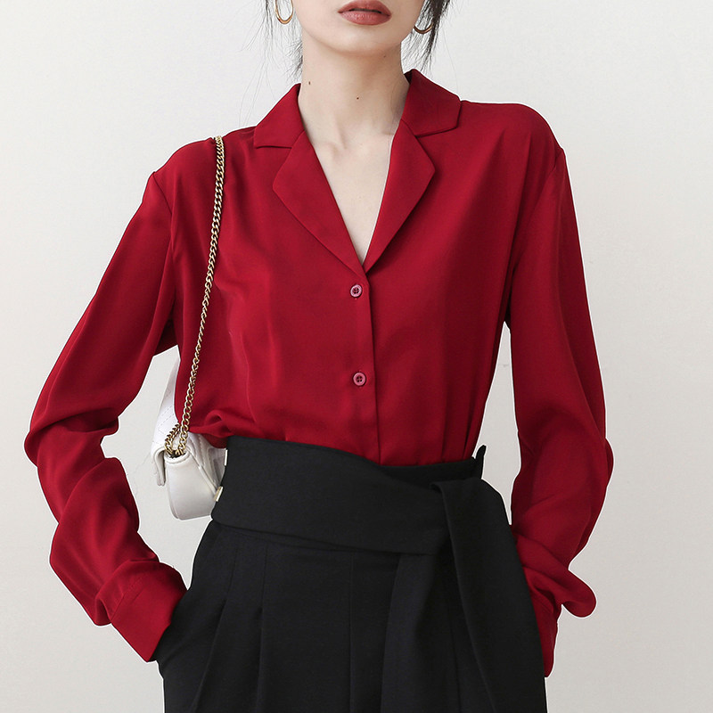 Design sense niche V-neck shirt women's long-sleeved chiffon shirt chic Hong Kong style red top spring 2022 new women