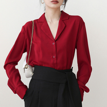 Design Sensation Small Crowdv Collar Shirt Woman Long Sleeve Snow-spinning Shirt Chic Port Wind Red Blouse Spring 2022 New Women