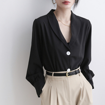 Black snowspun shirt woman summer 2022 new temperament pure color Dont make long sleeve blouse design sensation niche shirt