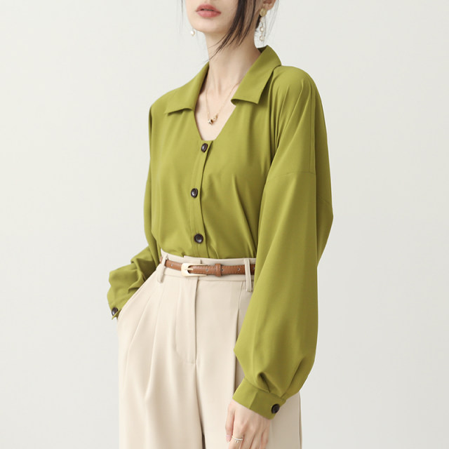 XZ Avocado Green Long Sleeve Chiffon French Small Top Shirt Women's Design Temperament Shirt Spring 2022 New