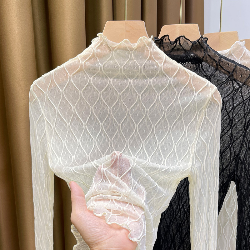 High-Neck Lace Inner Top for Women, Spring and Autumn 2025 New Style, Stylish Thin Gauze Shirt, White Mesh Base Shirt, Long Sleeves