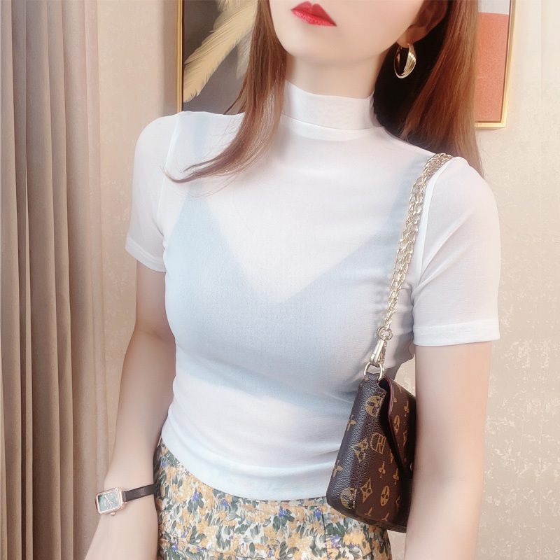 White Half-High Collar Mesh T-Shirt for Women, Short-Sleeved, Stylish Inner Top, See-Through Tight-Fitting Shirt, Half-Sleeve Lace Top