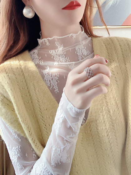 White high-collar lace inner top for women in autumn and winter new style high-end western style small shirt with ear-edge mesh bottoming shirt