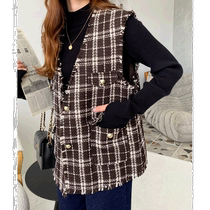 Japan direct mail moment ladies’ elegant fringed plaid vest with deep V-neck design available in two colors