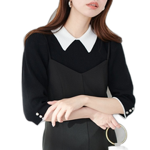 Japanese direct mail natural couture womens color matching collar six-quarter sleeve sweater 0341050610