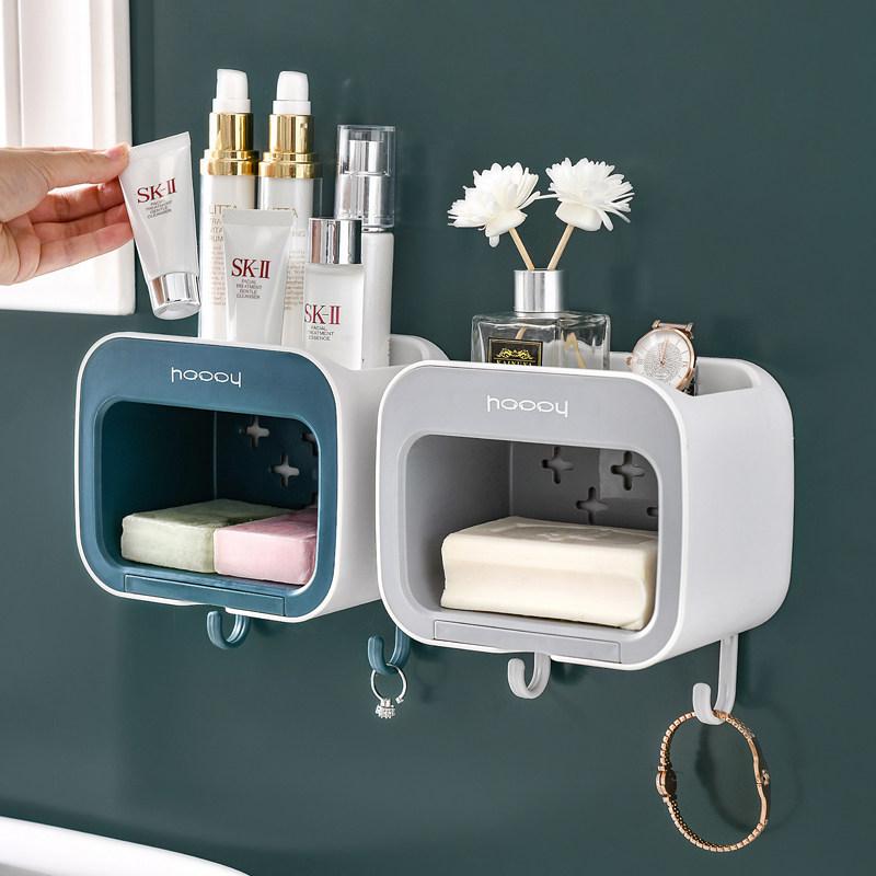 Wall-free wall hanging toilet soap box suction wall hanging asphalt shelf frame creative double layer with covered soap frame box