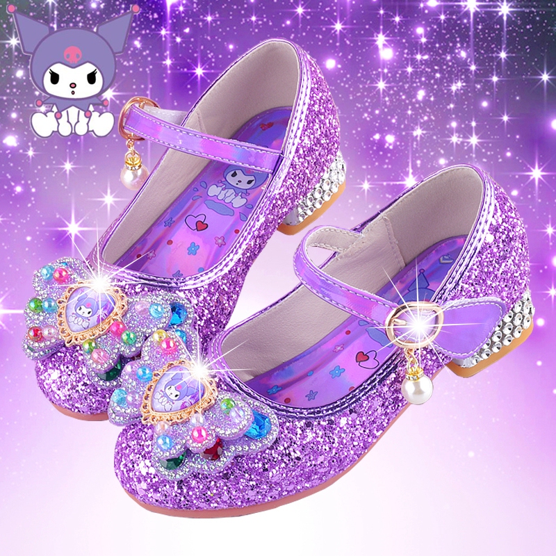 Purple Kuromi Princess Shoes Girls' High Heels Spring and Autumn Style Kidsren's Soft-Soled Flats Crystal Shoes Little Girls' Leather Shoes