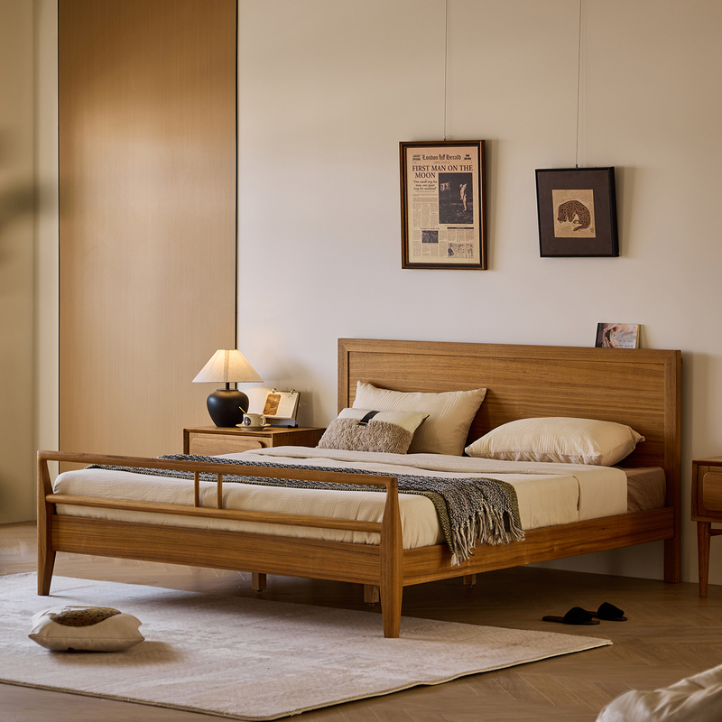 Ji Jian Burmese Teak 1.8m Double Bed Master Bedroom Large Bed 1.5 Modern Minimalist Storage Bed with Medieval Song-Style Aesthetics