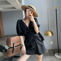 Clearance summer clothes 2020 new suit V-neck pleated lace-up lantern sleeve shirt high waist shorts two-piece set