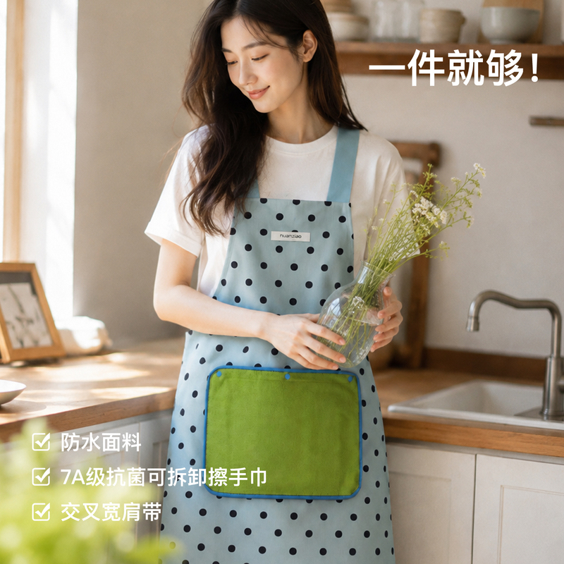 Nuanzao Retro-Style Household Apron, Waterproof and Oil-Proof, 7A Antibacterial, Detachable Hand Towel, Stress-Reducing Cross Wide Shoulder Strap Bib