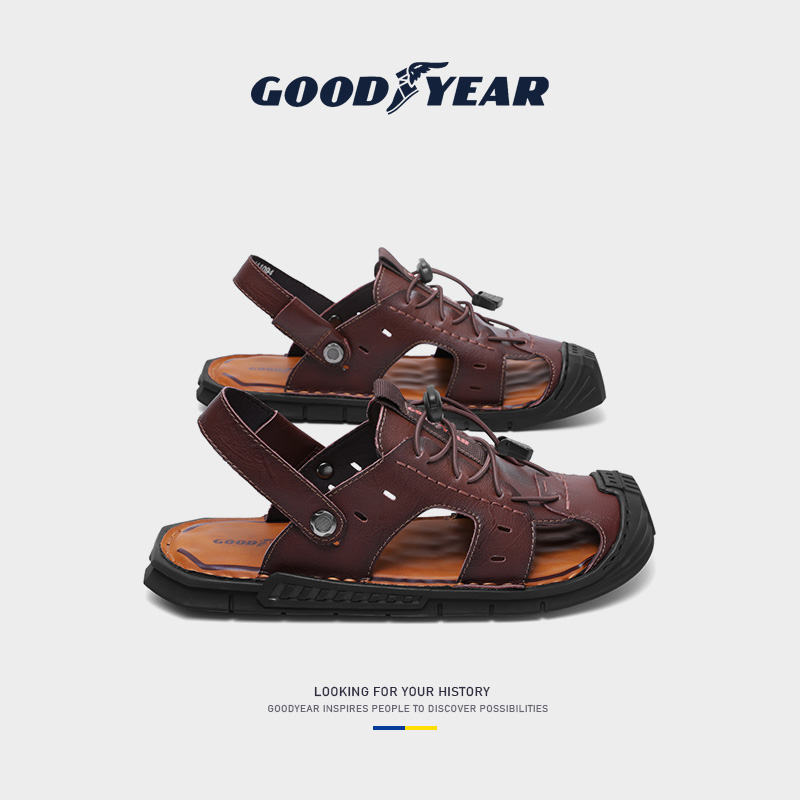 Goodyear genuine leather sandals Summer new outwear Dual-use Beach Shoes Men Drive Softbottom Baotou Sandals Men