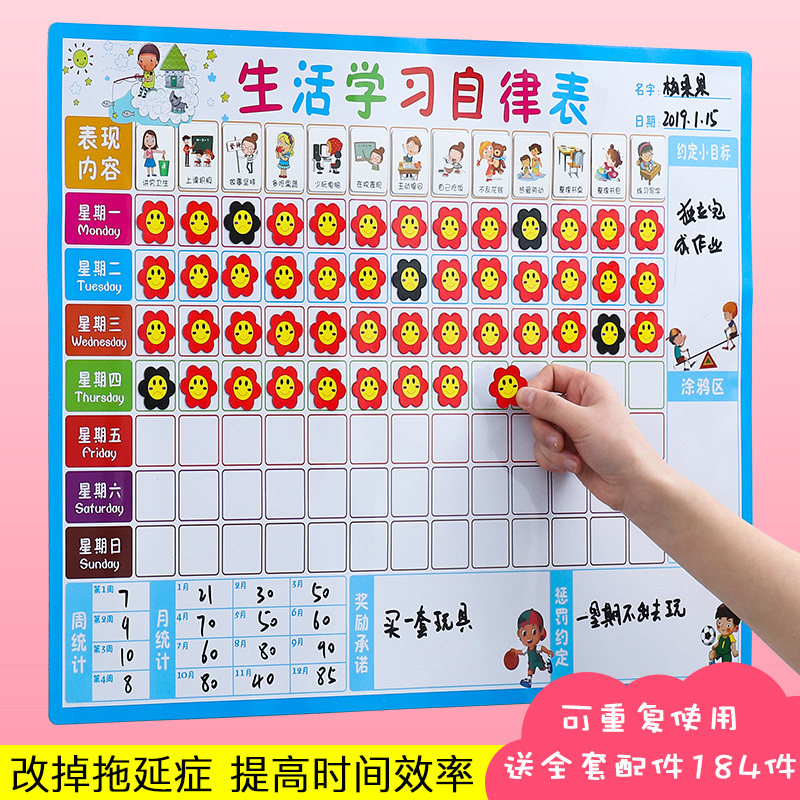 Children's growth self-discipline table Good habits develop behavior Punch-in plan table Primary school students record time management work and rest board Kindergarten baby points reward stickers Life learning Magnetic wall stickers
