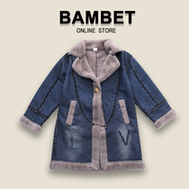 Bambet girls plus velvet denim jacket autumn 2021 new childrens clothes autumn and winter girl top thickened