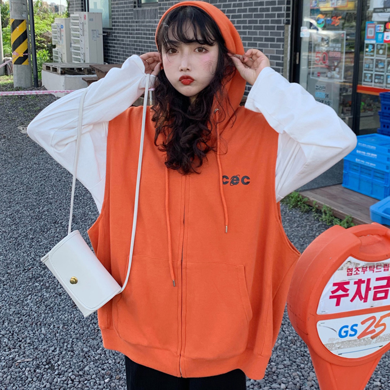 2019 Hàn Quốc rơi mới ulzzang loose-fitting tay letterhood-clad vest triều áo khoác phụ nữ