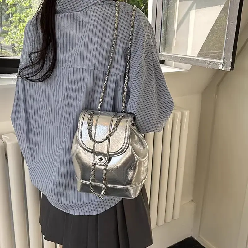 2026 Spring New Chain Silver Backpack Women's Large Capacity Handbag Small Backpack College Student Small Bag 2026 Spring New Chain Silver Backpack Women's Large Capacity Handbag Small Backpack College Student Small Bag